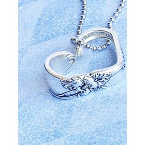 Vintage Silverware Heart Pendant, White Orchid 1953, Upcycled Flatware Necklace